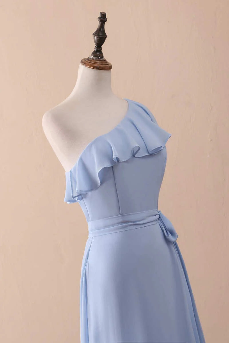 Periwinkle A-Line One-Shoulder Ruffled Chiffon Long Bridesmaid Dress Prom Dress ED01421
