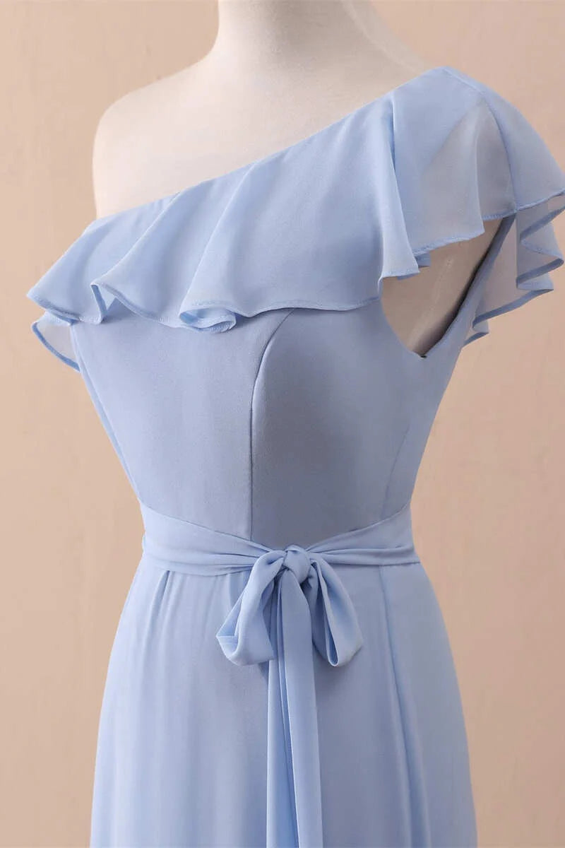 Periwinkle A-Line One-Shoulder Ruffled Chiffon Long Bridesmaid Dress Prom Dress ED01421
