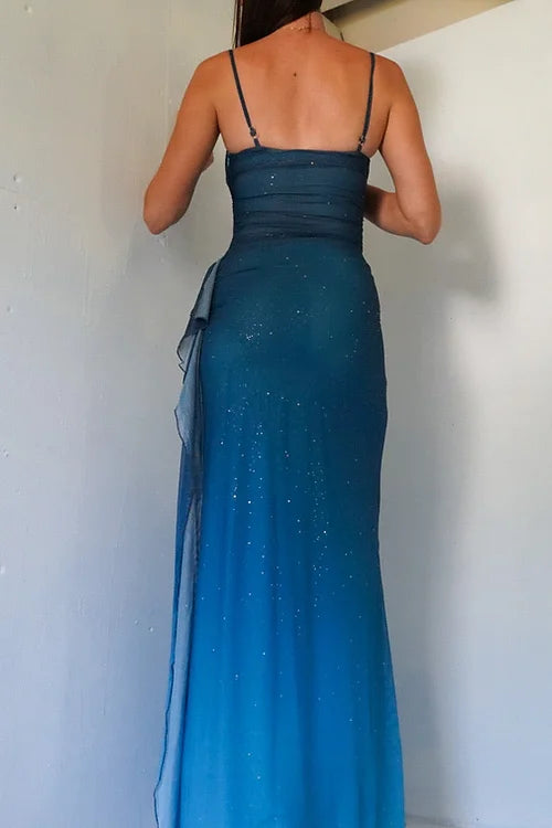 Unique Gradient Blue Mermaid Gown for Party&Quinceanera- Spaghetti Straps Glitter Chiffon Long Prom&Evening Dress