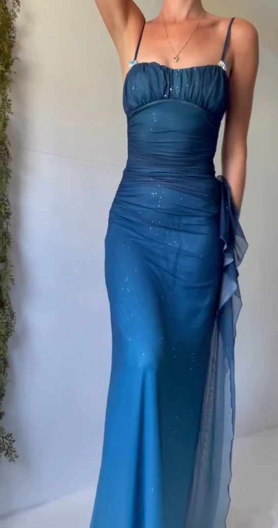Unique Gradient Blue Mermaid Gown for Party&Quinceanera- Spaghetti Straps Glitter Chiffon Long Prom&Evening Dress