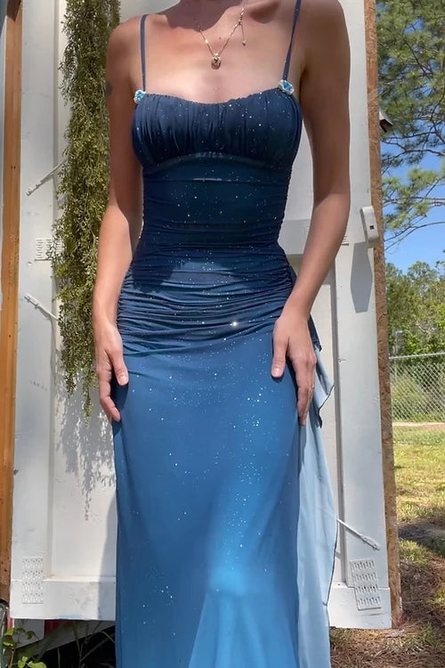 Unique Gradient Blue Mermaid Gown for Party&Quinceanera- Spaghetti Straps Glitter Chiffon Long Prom&Evening Dress
