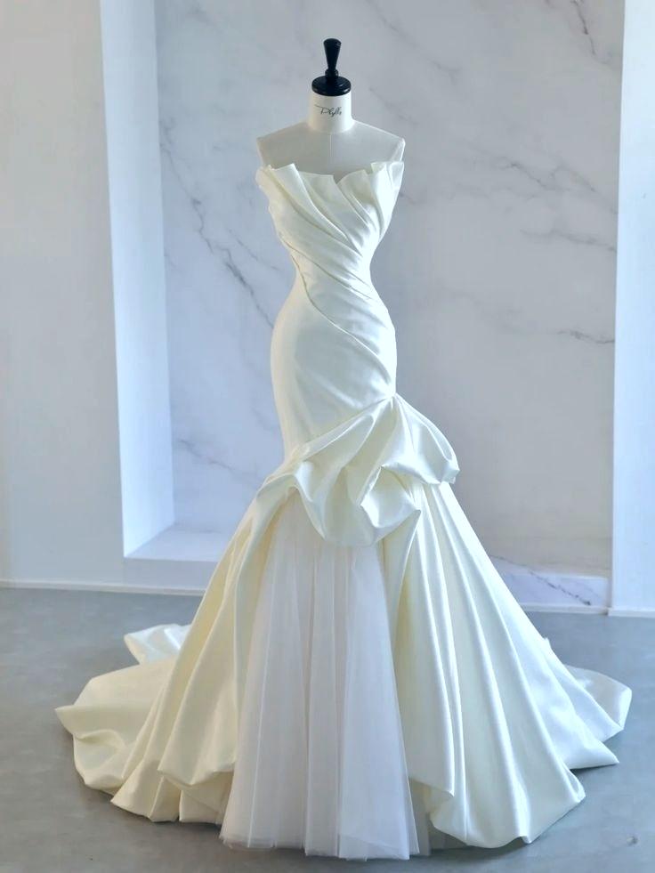 Ivory Strapless Mermaid Wedding Dresses, Tulle Satin Tender Sleeveless Bridal Gowns ED01425