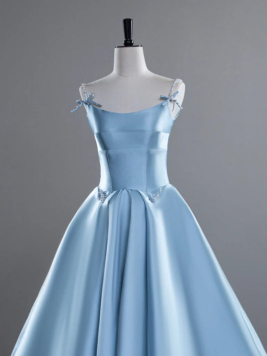 Blue A-Line Spaghetti Straps Satin Long Prom Dress, Blue Long Evening Dress ED01426