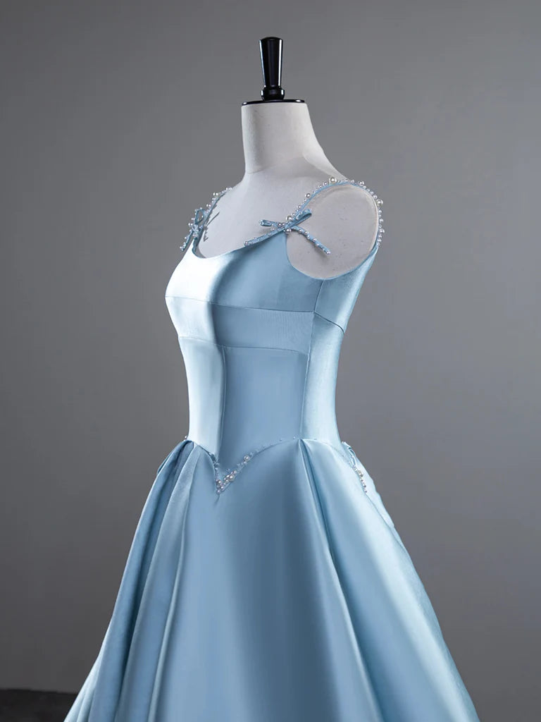 Robe de bal longue en satin bleu à bretelles spaghetti, coupe trapèze, robe de soirée longue bleue ED01426