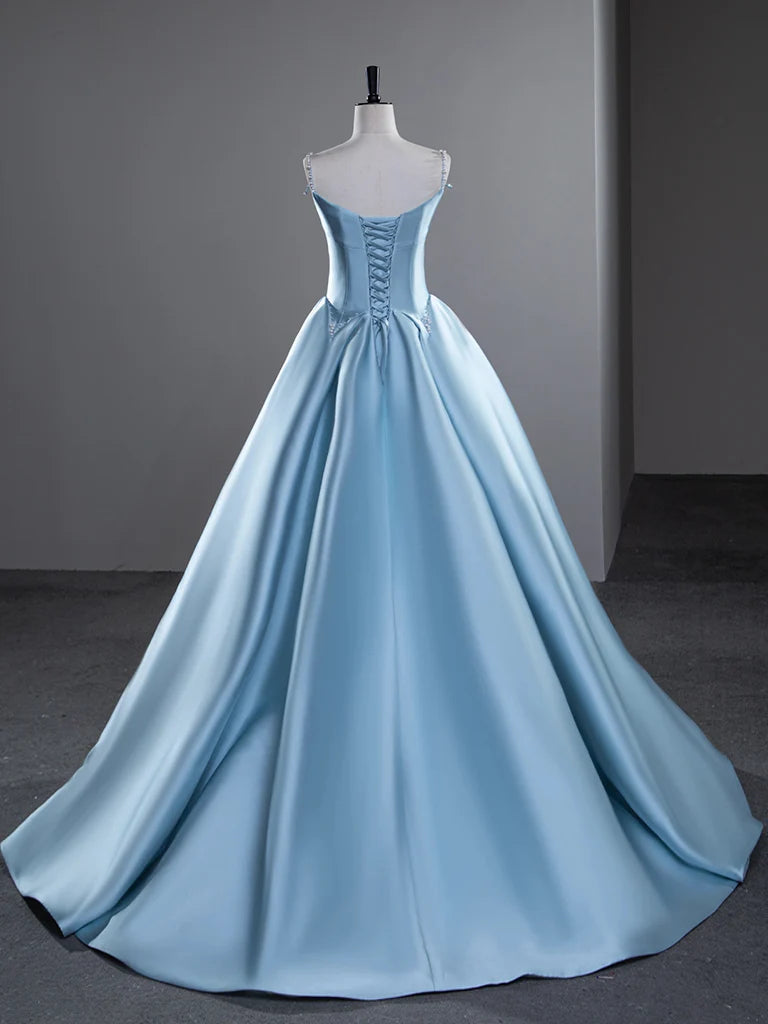 Robe de bal longue en satin bleu à bretelles spaghetti, coupe trapèze, robe de soirée longue bleue ED01426