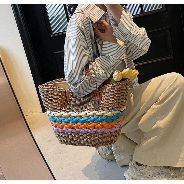 Rainbow striped straw bag beach seaside holiday large capacity handbag ED01430