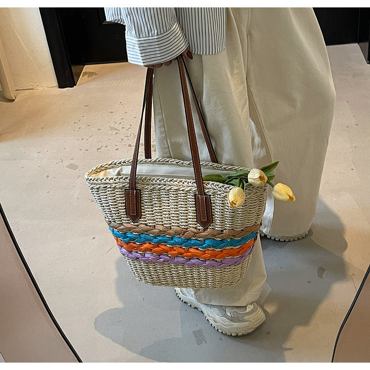 Rainbow striped straw bag beach seaside holiday large capacity handbag ED01430