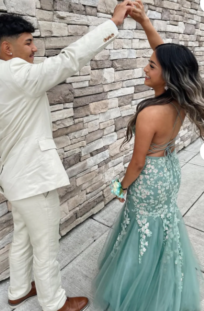 Tiffany Blue Spaghetti Straps Lace Appliques Mermaid V-Neck Tulle Long Prom Dress ED01438