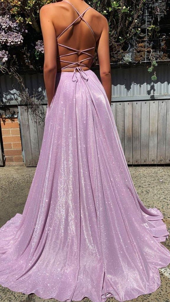 Sparkly A-Line Pink Sequin Prom Dresses V Neck Evening Dress ED01439