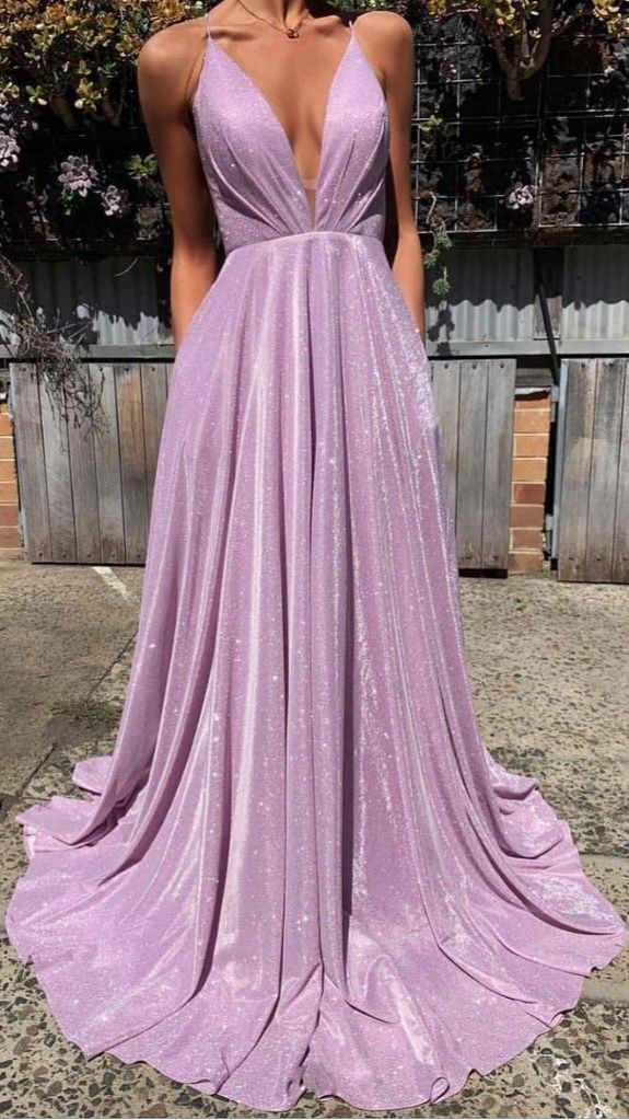 Sparkly A-Line Pink Sequin Prom Dresses V Neck Evening Dress ED01439