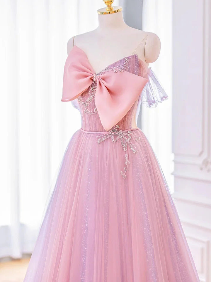 Robe de bal longue en tulle rose, coupe trapèze, avec nœud, robe de soirée rose ED01441