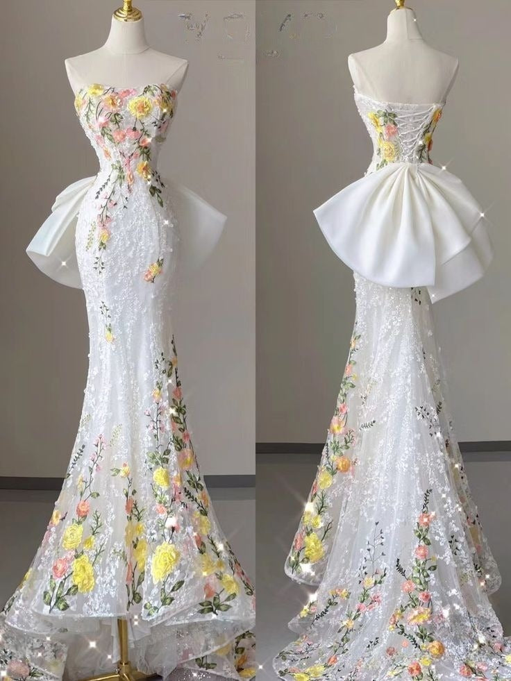 Weißes Brautkleid, elegantes Meerjungfrau-Kleid, trägerlos, Tüll, Spitze, langes Ballkleid, Abendkleid mit Applikationen, ED01443