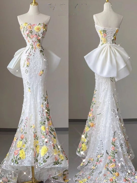 White Wedding Dress Elegant Mermaid Strapless Tulle Lace Long Prom Dress Applique Evening Dress ED01443
