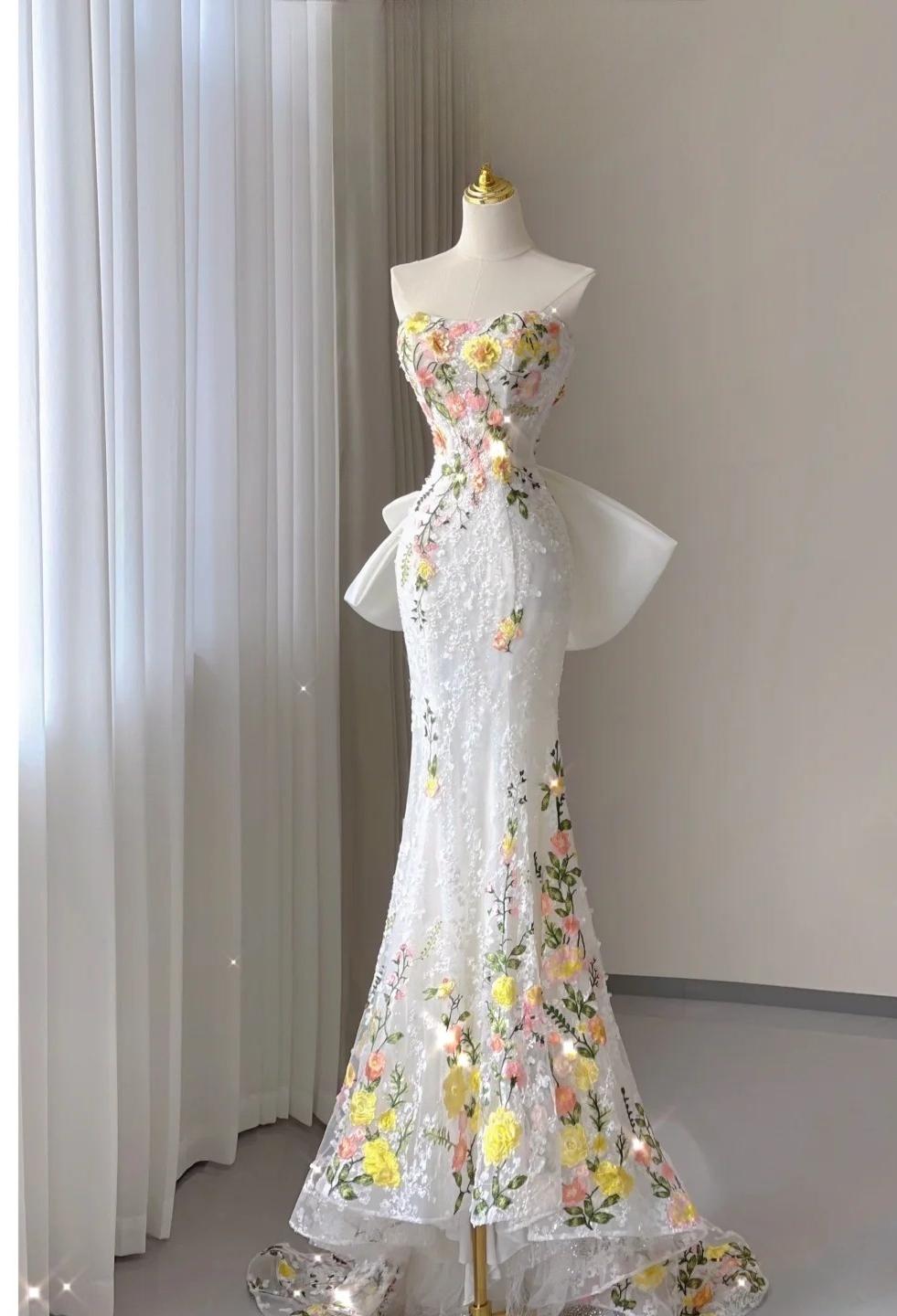 Weißes Brautkleid, elegantes Meerjungfrau-Kleid, trägerlos, Tüll, Spitze, langes Ballkleid, Abendkleid mit Applikationen, ED01443