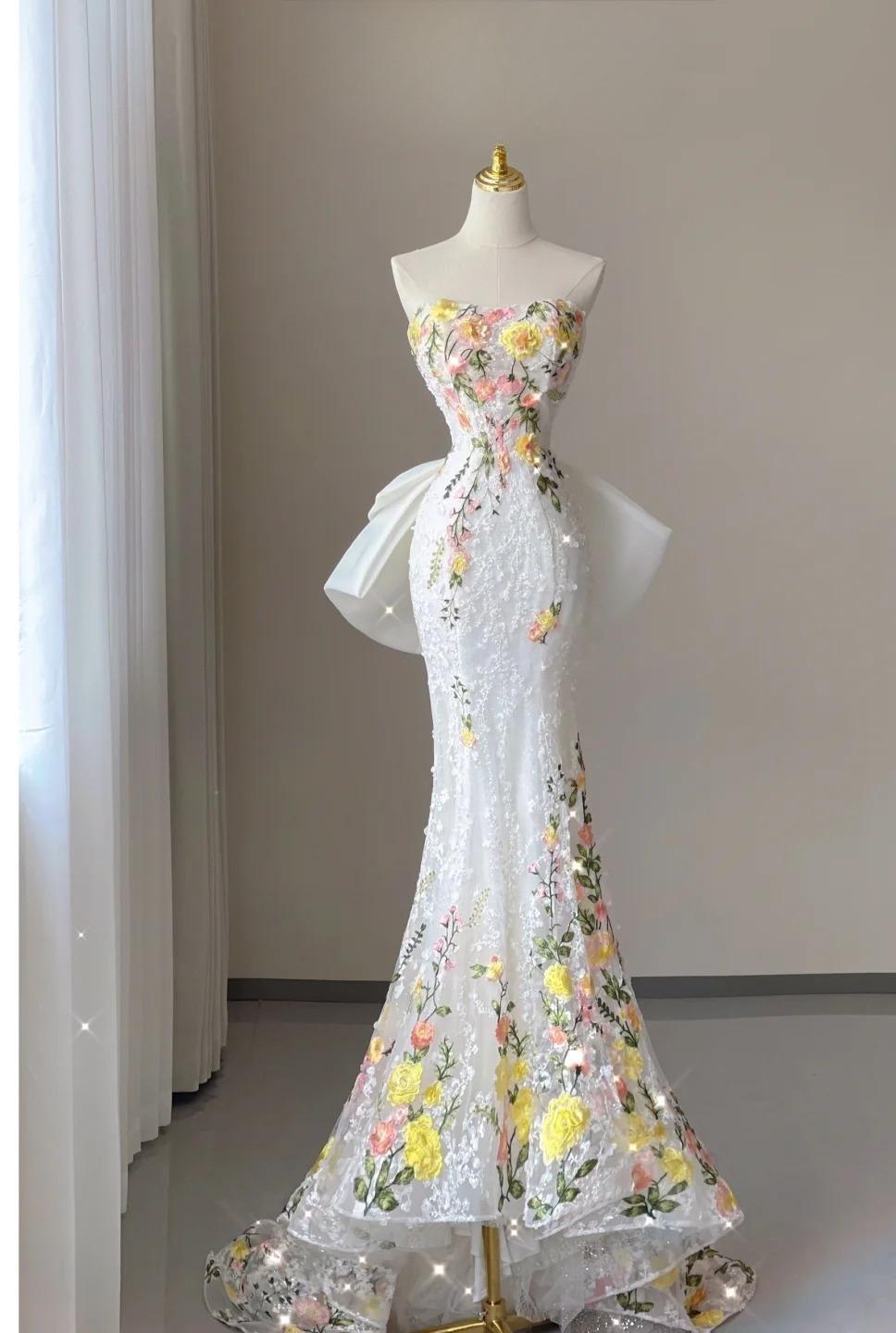 Weißes Brautkleid, elegantes Meerjungfrau-Kleid, trägerlos, Tüll, Spitze, langes Ballkleid, Abendkleid mit Applikationen, ED01443