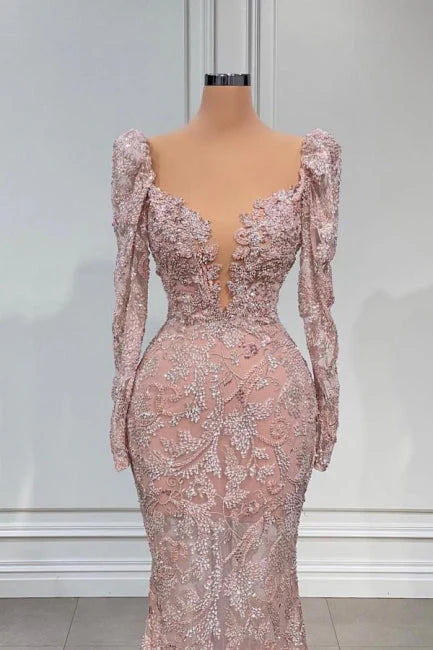 Robe de soirée sirène rose à col en V et manches longues en dentelle ED01444