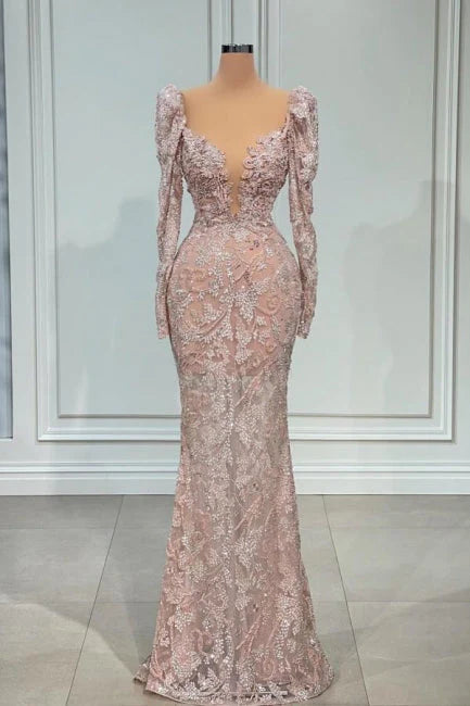 Robe de soirée sirène rose à col en V et manches longues en dentelle ED01444