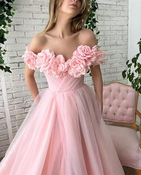 Robe de soirée longue en tulle à fleurs, coupe trapèze, épaules dénudées, avec fente, ED01457