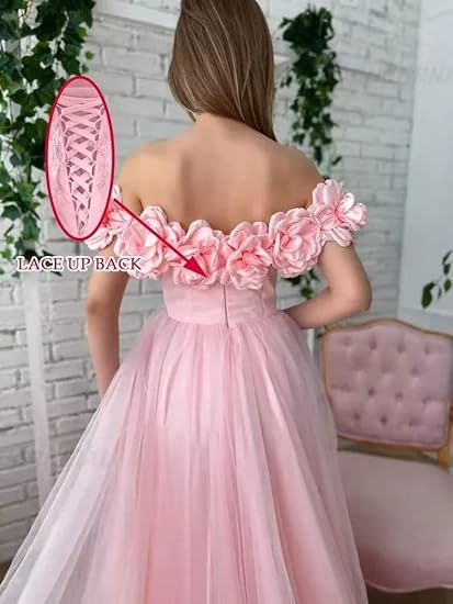 Robe de soirée longue en tulle à fleurs, coupe trapèze, épaules dénudées, avec fente, ED01457