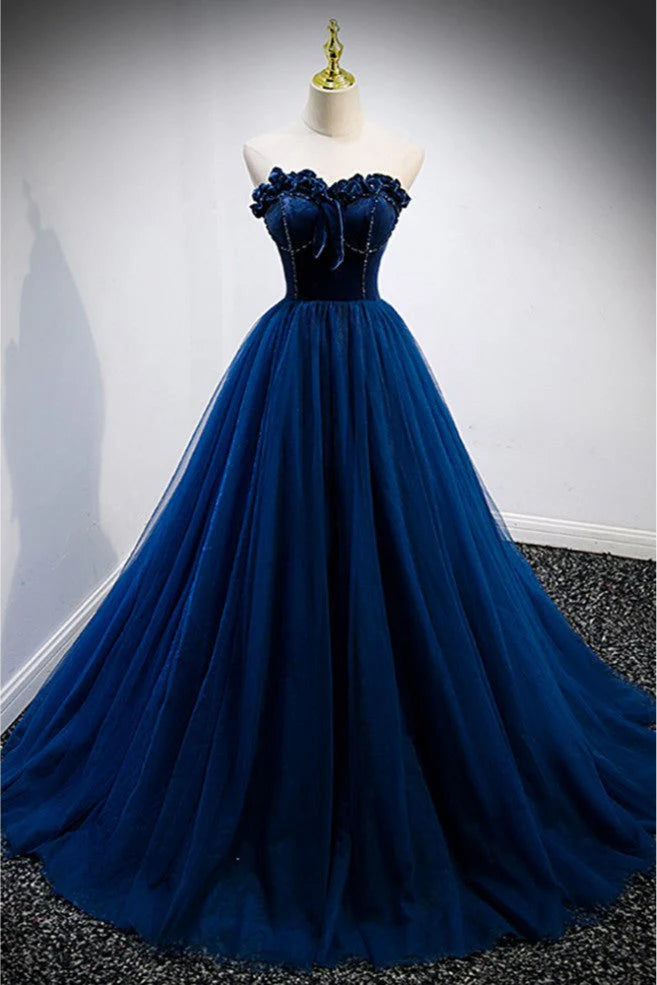 Robe de bal longue élégante en velours et tulle bleu, coupe trapèze, sans bretelles, ED01460
