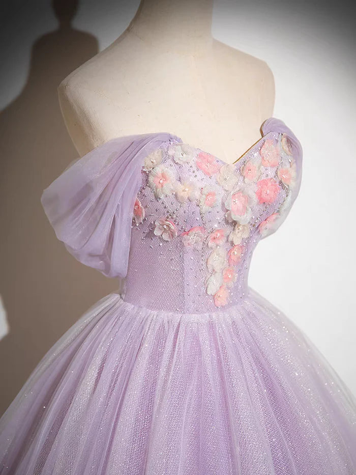 Robe de bal trapèze scintillante en tulle, épaules dénudées, appliques florales, longue, ED01468