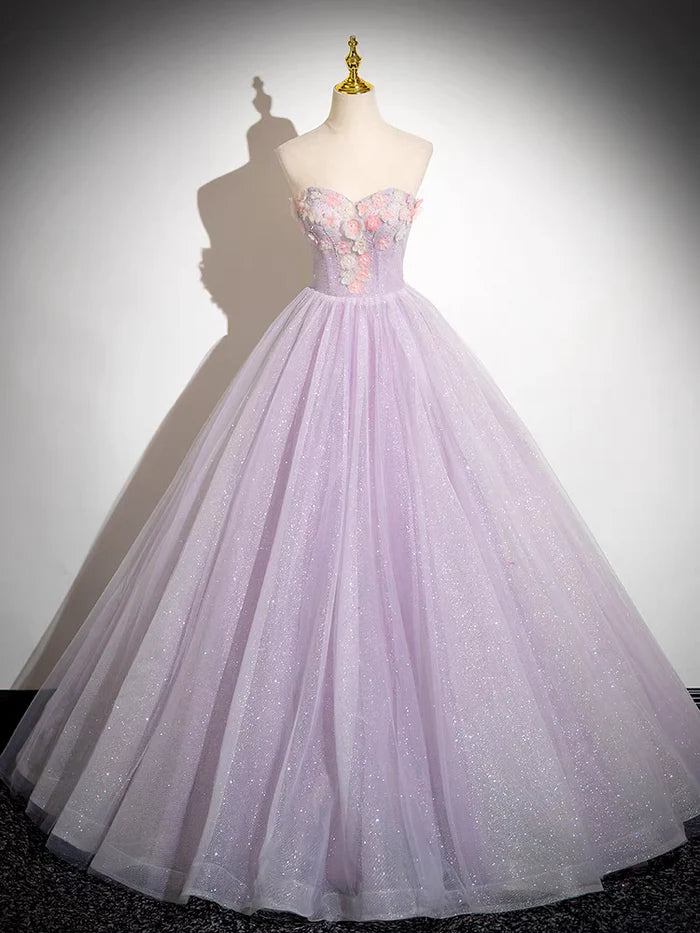 Robe de bal trapèze scintillante en tulle, épaules dénudées, appliques florales, longue, ED01468