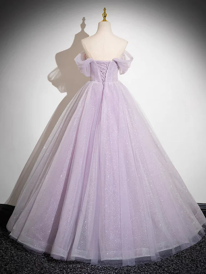Robe de bal trapèze scintillante en tulle, épaules dénudées, appliques florales, longue, ED01468