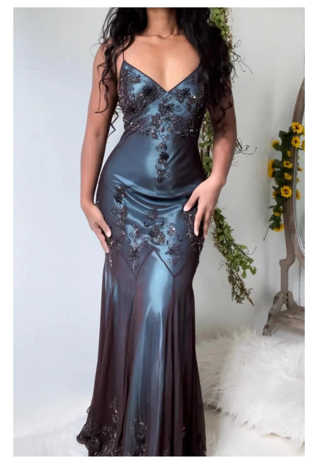 vintage-Inspired Evening Dresses 🩵 Blue Satin Spaghetti Straps Coffee Chiffon Long Prom Dresses with Beading ED01469