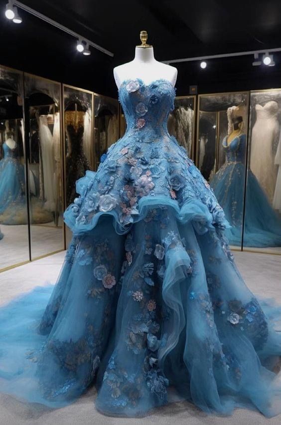 Robe de bal longue trapèze en tulle avec appliqués 3D, robe de soirée vintage ED01471