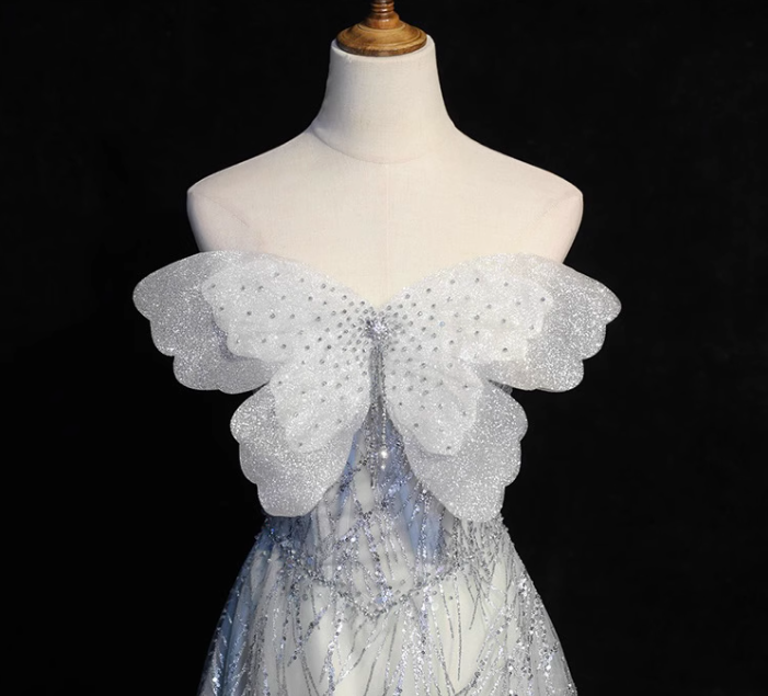 Silver Grey A-Line Tulle Sequin Long Prom Dress,Sweet Off-shoulder Evening Dress ED01473