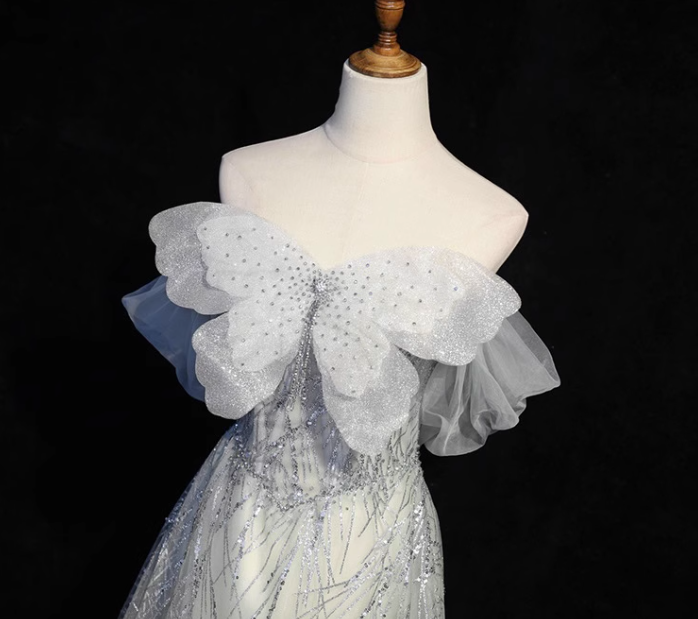 Silver Grey A-Line Tulle Sequin Long Prom Dress,Sweet Off-shoulder Evening Dress ED01473