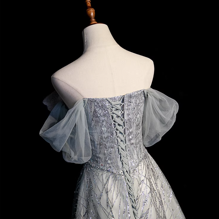 Silver Grey A-Line Tulle Sequin Long Prom Dress,Sweet Off-shoulder Evening Dress ED01473