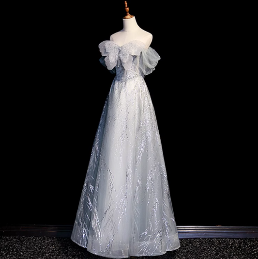Silbergraues langes A-Linien-Ballkleid aus Tüll mit Pailletten, süßes schulterfreies Abendkleid ED01473