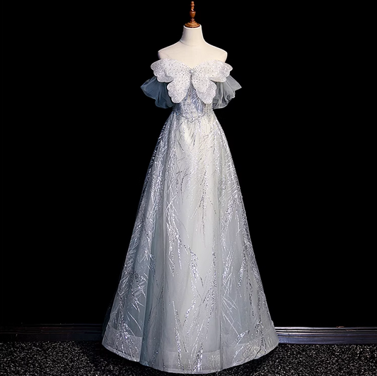 Silbergraues langes A-Linien-Ballkleid aus Tüll mit Pailletten, süßes schulterfreies Abendkleid ED01473