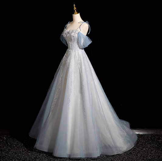 A-Linie Spaghettiträger Tüll Pailletten Langes Ballkleid, Süßes Perlenbesetztes Abendkleid ED01474