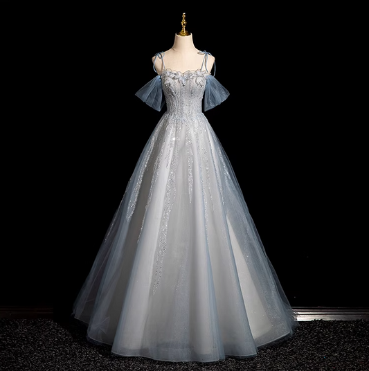 A-Linie Spaghettiträger Tüll Pailletten Langes Ballkleid, Süßes Perlenbesetztes Abendkleid ED01474
