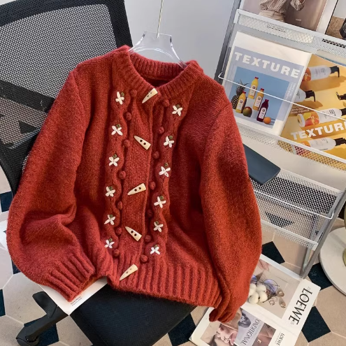 Retro Horn Button Embroidery Cardigan  ED0147