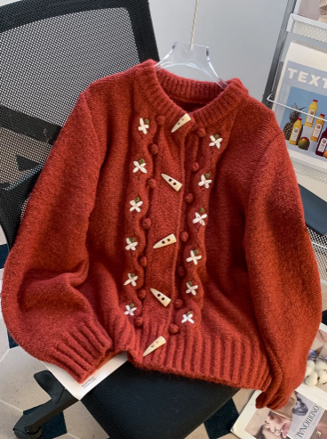 Retro Horn Button Embroidery Cardigan  ED0147