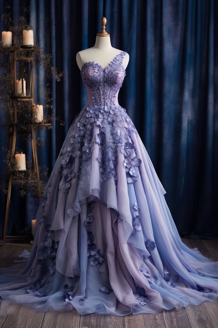 Robe de bal longue violette en mousseline de soie, asymétrique, coupe trapèze, décolleté en cœur, appliques, ED01480