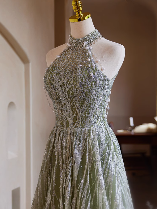 Green A-line Halterneck Tulle Sequins Long Prom Dress, Beaded Evening Dress ED01481