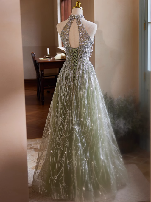 Green A-line Halterneck Tulle Sequins Long Prom Dress, Beaded Evening Dress ED01481