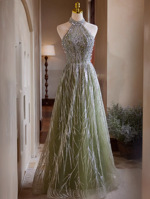 Green A-line Halterneck Tulle Sequins Long Prom Dress, Beaded Evening Dress ED01481
