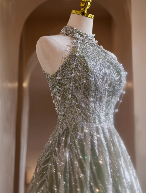 Green A-line Halterneck Tulle Sequins Long Prom Dress, Beaded Evening Dress ED01481