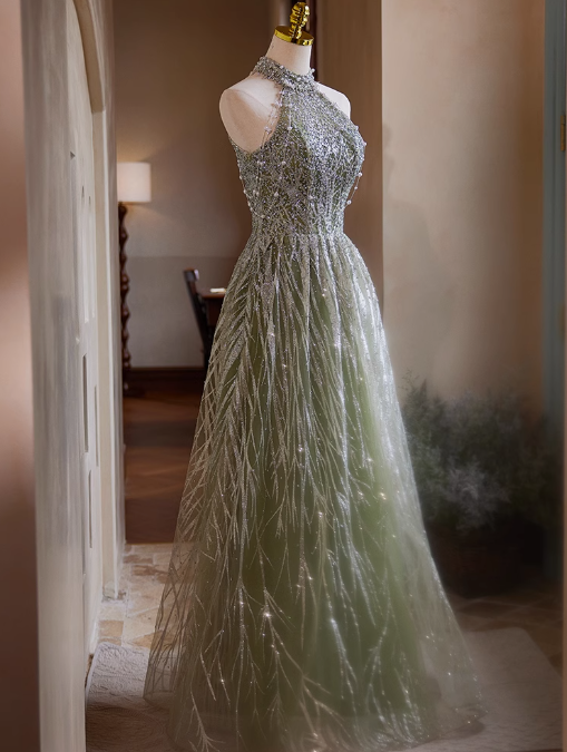 Green A-line Halterneck Tulle Sequins Long Prom Dress, Beaded Evening Dress ED01481