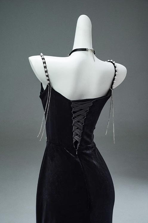 Robe de bal longue noire sirène à bretelles spaghetti en velours et perles, élégante robe de soirée ED01482