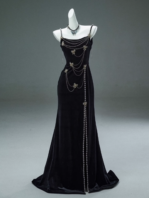 Robe de bal longue noire sirène à bretelles spaghetti en velours et perles, élégante robe de soirée ED01482