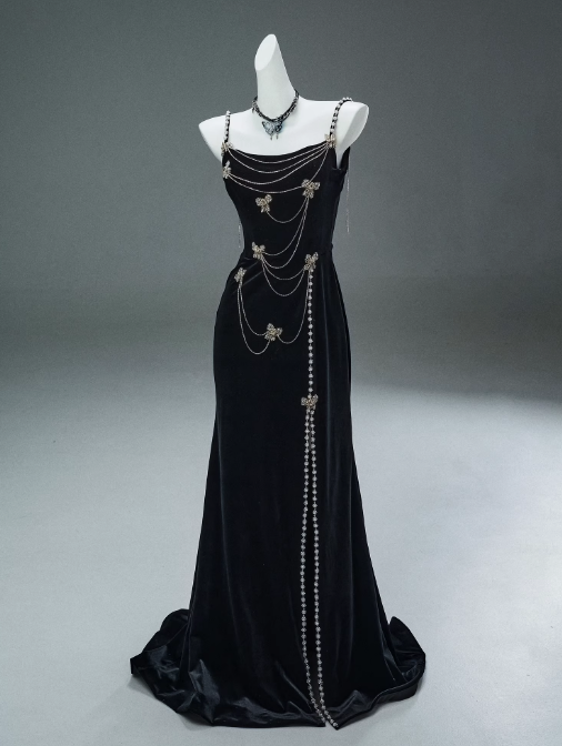 Robe de bal longue noire sirène à bretelles spaghetti en velours et perles, élégante robe de soirée ED01482