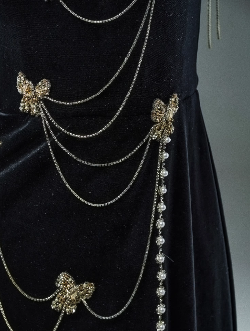 Robe de bal longue noire sirène à bretelles spaghetti en velours et perles, élégante robe de soirée ED01482