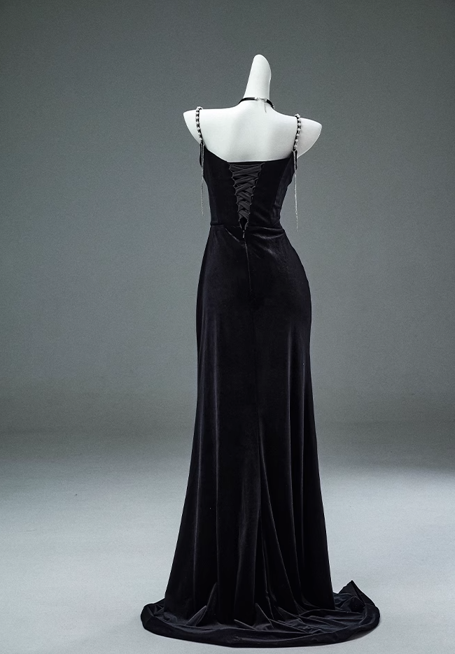 Robe de bal longue noire sirène à bretelles spaghetti en velours et perles, élégante robe de soirée ED01482