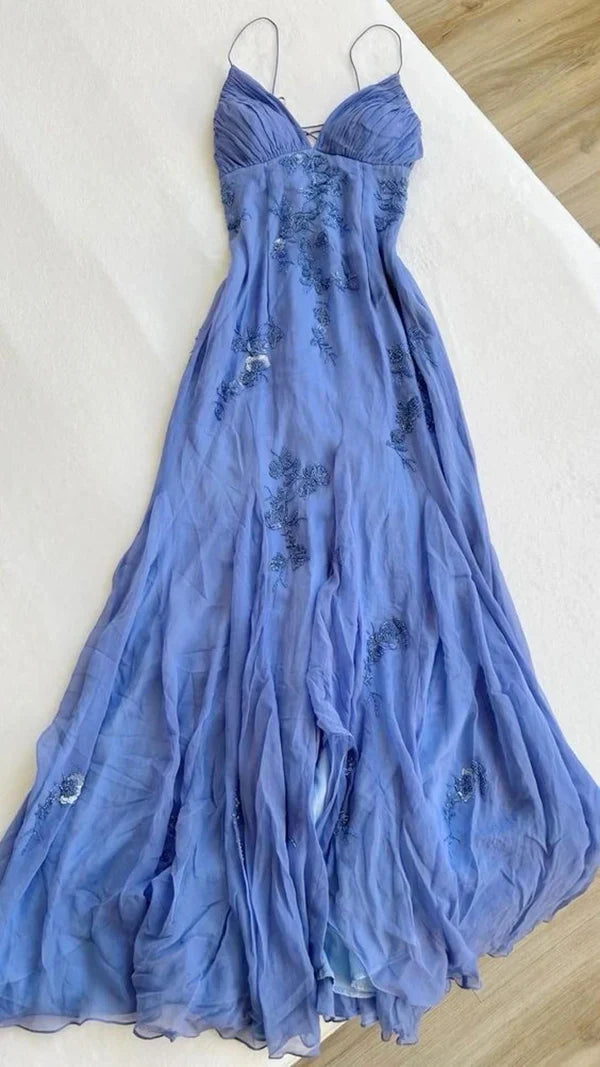 Pretty Spaghetti Straps V-neck Beaded Backless Prom Dresses Party Dresses ED01485